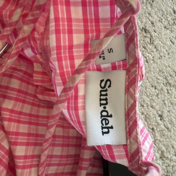 Sunday S EUC gingham Pink Plaid Puff Sleeve Top with lace up back (Aritzia) - Picture 11 of 12